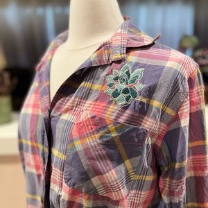 Denim & Supply Boyfriend Plaid Button Down w/ succulent & cactus embroidery